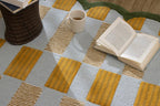 Checkered Hand-Tufted 100% Wool Area Rug - 5x8 Ft, Rectangular Light Blue Base with Mustard and Beige Blocks, Olive Green Scalloped Edge, Cotton Backing Plush Carpet for Bedroom & Nursery
