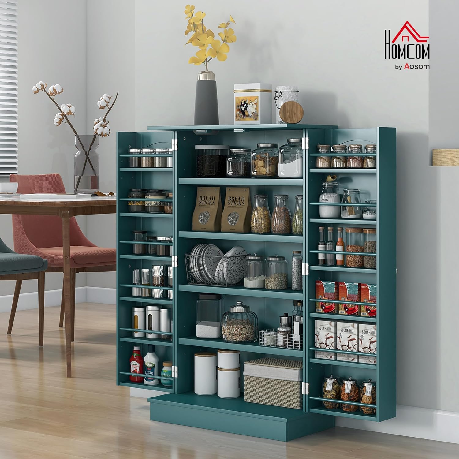 HOMCOM 41" Kitchen Pantry Storage Cabinet, Freestanding Kitchen Cabinet with 12 Door Shelves, Double Doors, 5-Tier Shelving and Adjustable Shelves, Blue
