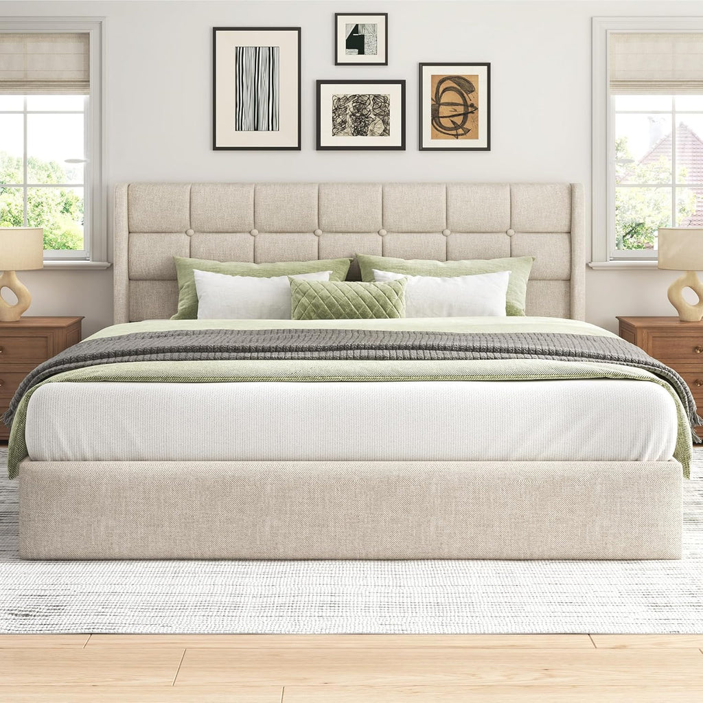 Lifezone King Lift Up Storage Bed Frame, Linen Upholstered Platform with Button Tufted Wingback Headboard, Under-Bed Storage, Hydraulic Support, No Box Spring Needed, Shipped in 2 Boxes, Light Beige