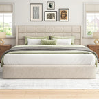 Lifezone King Lift Up Storage Bed Frame, Linen Upholstered Platform with Button Tufted Wingback Headboard, Under-Bed Storage, Hydraulic Support, No Box Spring Needed, Shipped in 2 Boxes, Light Beige