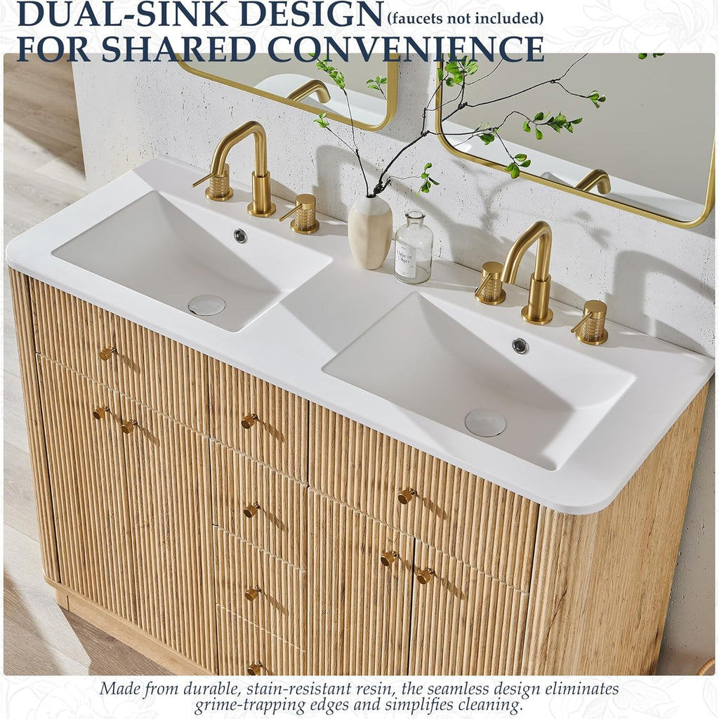 T4TREAM 48 Inch Bathroom Vanity with Sink, Modern Fluted Large Double Sink Bathroom Vanity with 2 Storage Cabinets, Adjustable Shelf, and 2 Drawers, Natural Oak