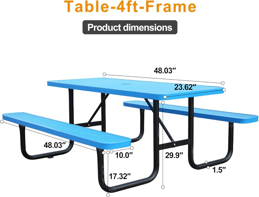 4ft Rectangular Picnic Table – Heavy-Duty Metal Mesh Outdoor Dining Table  Thermoplastic Coated Steel  Outdoor Living  Parks & Schools (Blue  4ft)