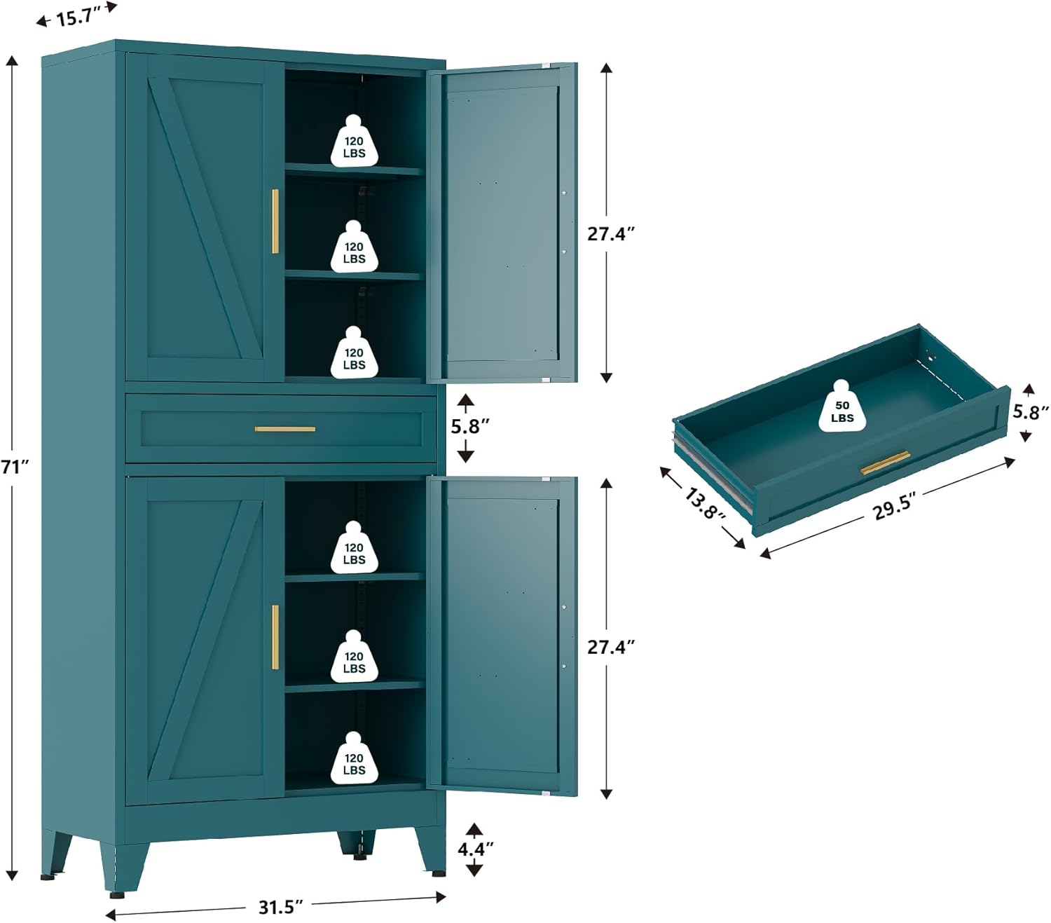 QINPTWUT 71" Farmhouse Pantry Cabinet in Blue, with 4 Doors & Center Drawer, Tall Food Cabinet with Adjustable Shelves, Freestanding Steel Cupboard for Kitchen, Dining Room, Pantry, Garage