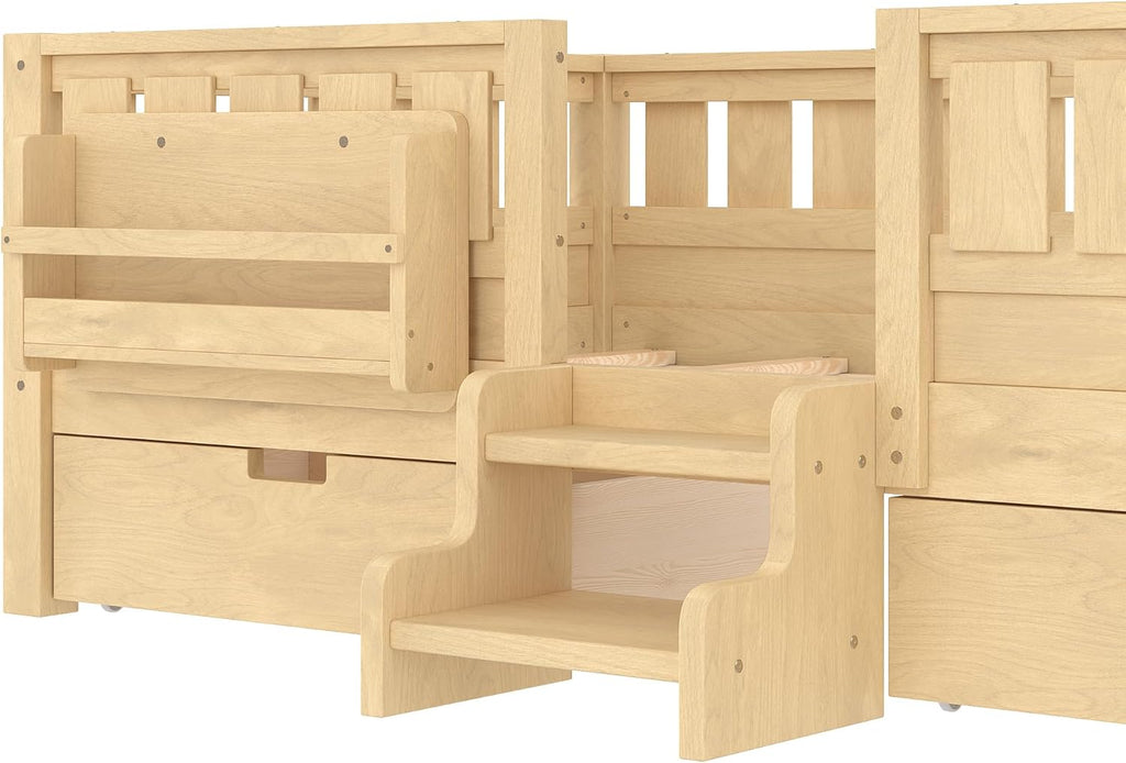 Bellemave Twin Size Bed with Slats and Stairs, Twin Size Platform Bed Frame with Fence, Bookshelf and Storage Drawers, Easy Assemble Beds for Girls, Boys, Light Natural