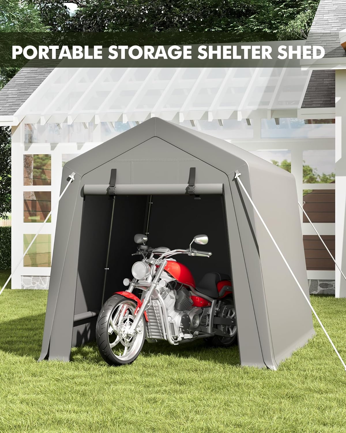 7x10FT Heavy Duty Outdoor Storage Tent, Waterproof & UV-Resistant Outdoor Motorcycle Storage Tent Garage Shelter with Roll-Up Zipper Doors, Portable Carport for Bikes Firewood