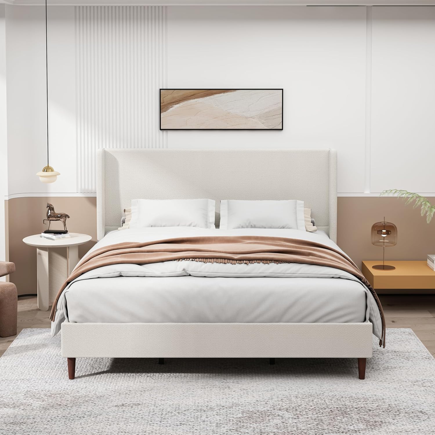 King Size Platform Bed Frame,Upholstered Bed Frame with Wing Side Headboard,Chenille Fabric,Strong Wooden Slat Support, No Box Spring Needed, Easy Assembly, Noise-Free,50.78" High,Light Beige
