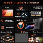 HUIHUANG Tablet 10 Inch Android 14 Tablet, 16GB RAM 128GB ROM, 1TB Expansion, Octa-core, Large Capacity Battery, 5MP + 8MP Dual Camera, 5G/2.4G WiFi, Bluetooth 5.0, GPS, Drop-Proof Case