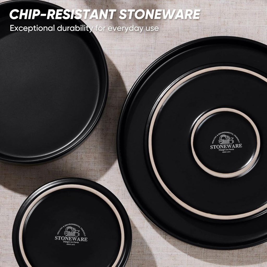 E-far 16-Piece Black Plates and Bowls Sets - Stoneware Dinnerware Sets with Pasta Bowls for 4 | Matte Black Kitchen Modern Dish Set, Microwave & Dishwasher Safe