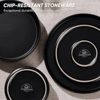 E-far 16-Piece Black Plates and Bowls Sets - Stoneware Dinnerware Sets with Pasta Bowls for 4 | Matte Black Kitchen Modern Dish Set, Microwave & Dishwasher Safe