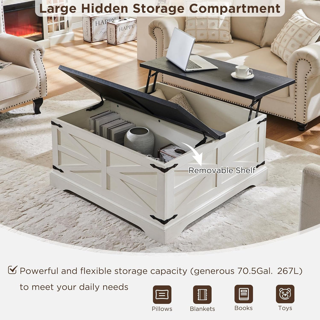 JXQTLINGMU 3-Piece Farmhouse Coffee Table and End Table Sets, Includeds 36" Lift Top Square Coffee Table w/Storage & 2 Rustic Wood End Tables w/Charging Station & Barn Doors for Living Room(White)