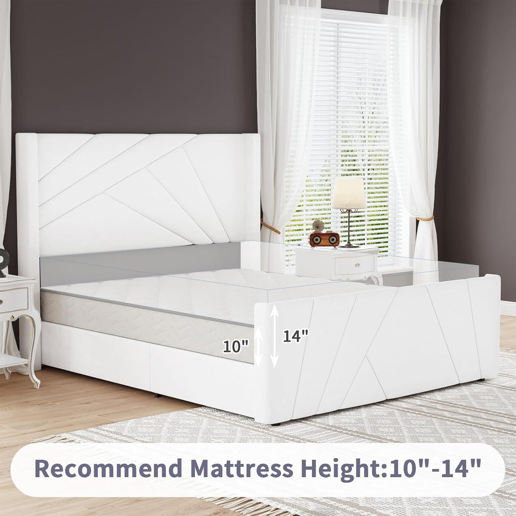 BarnFurin Queen Size Bed Frame, Velvet Upholstered Platform Bed with Geometric Tufted Headboard & Footboard, Wingback Design, Mattress Foundation with Wooden Slats, Cream White
