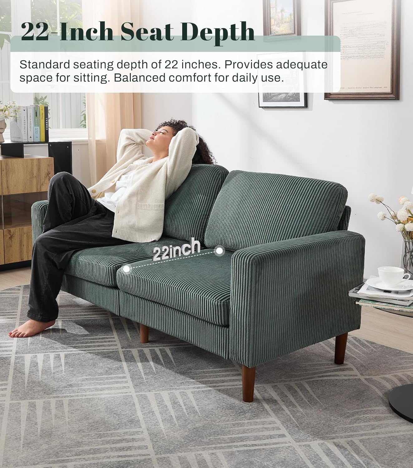 Kingfun 65" Corduroy Loveseat Sofa, Upholstered Sofa with Spring, Modern Sleek Couch for Living Room & Bedroom for Small Spaces, Green