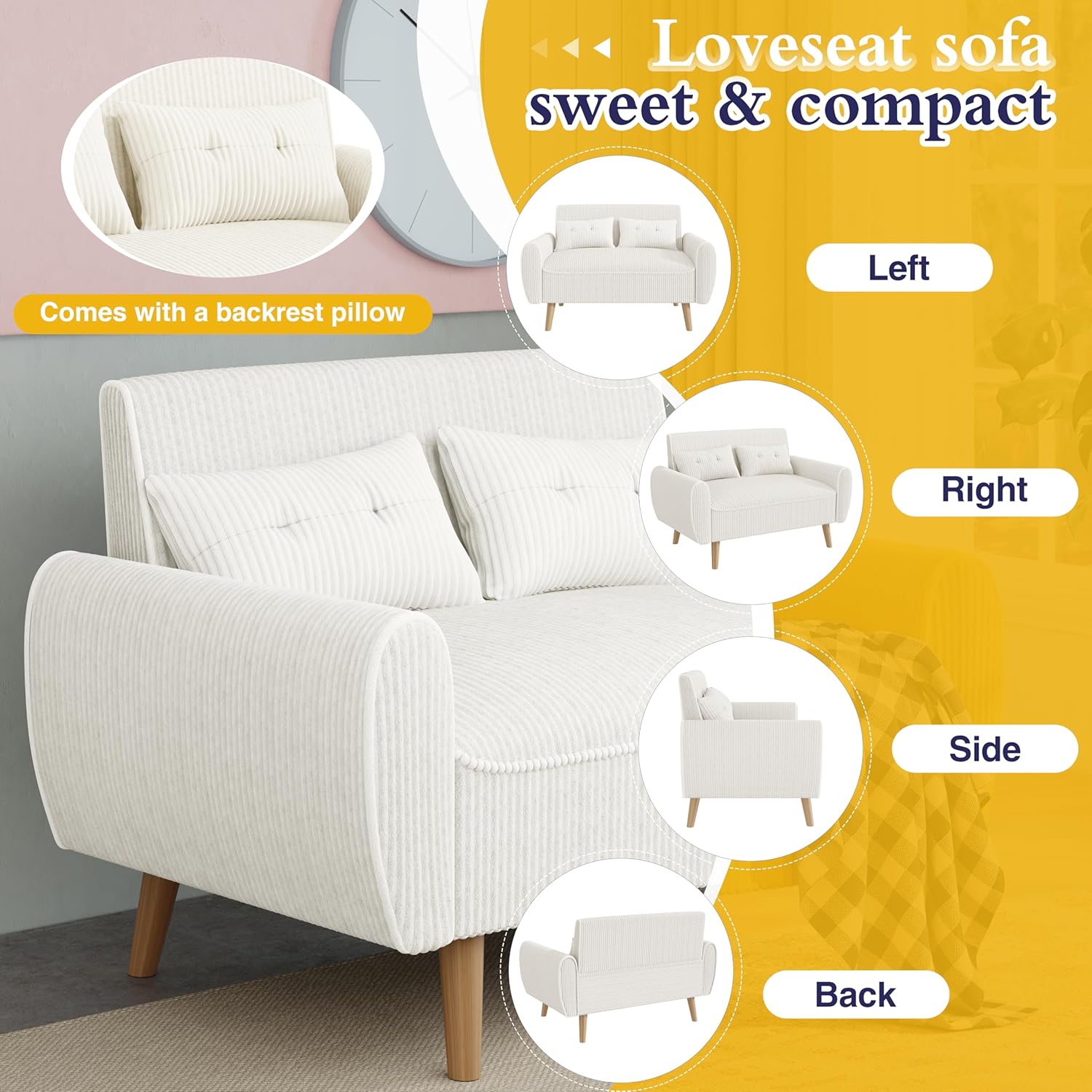 JAMFLY 47'' Small Loveseat Sofa, 2 Seat Compact Couch with Tapered Legs, White Upholstered Furniture, Solid Wood Frame, Comfy Foam Cushion, Easy Assembly for Small Spaces