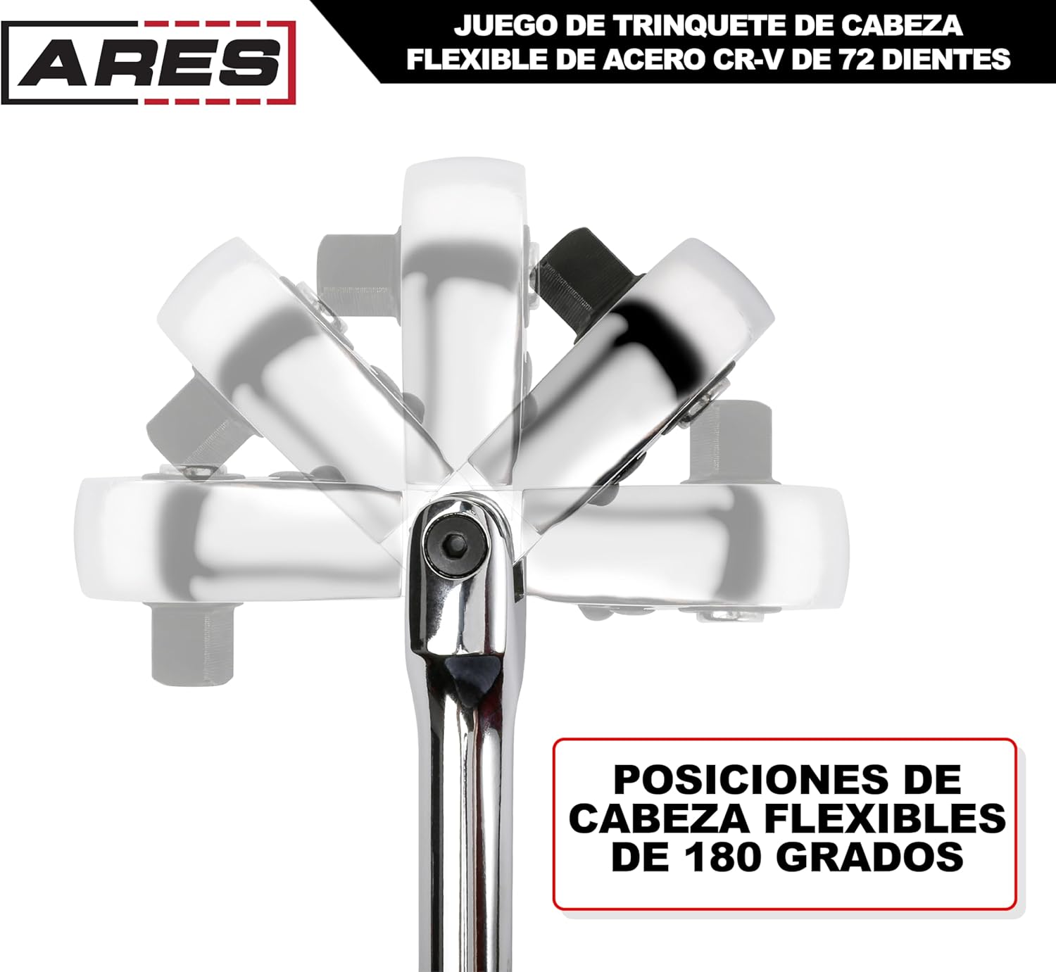 ARES 42040 - Flex Head Ratchet Set - 4-Piece 72-Tooth Ratchets - Premium Chrome Vanadium Steel Construction & Chrome Plated Finish - Quick Release Reversible Design with 5 Degree Swing