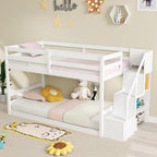 KOMFOTT Wood Twin Over Twin Low Bunk Bed with Storage Staircase, Wooden Bunk Bed Frame with Full-Length Guardrails, Low Profile Kids Bed with Slats Support, No Box Spring Needed (White)