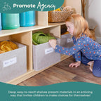 Guidecraft EdQ Three Shelf Compartment Storage Natural with 3 Fabric Bins: Wood Bookshelf and Toy Organizer for Kids, Storage Unit for Homeschool and Classroom