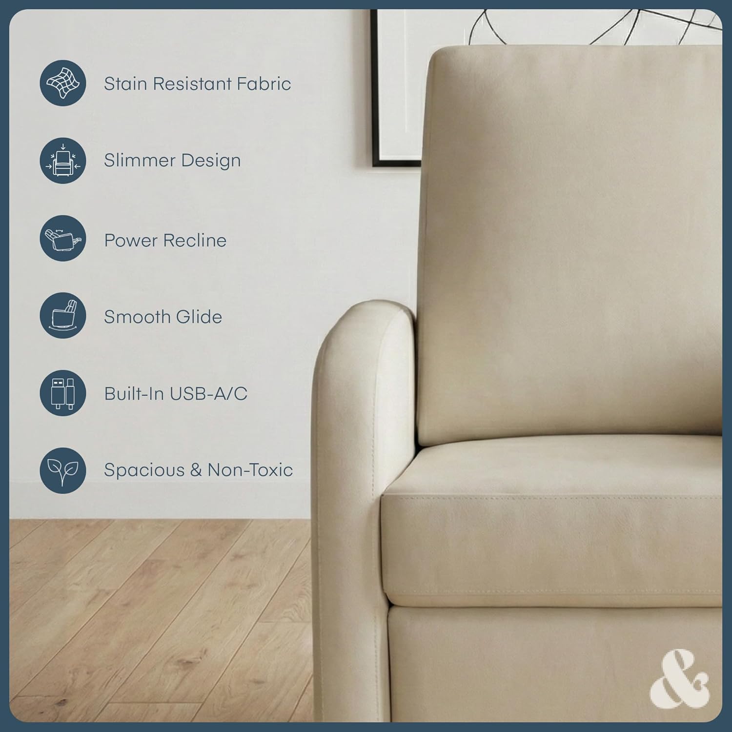 Nurture& The Porto Power Glider Recliner for Nursery | Modern Glider Chair with Power Recline | Built - in USB Charging Port | Space-Saving Design for Small Nurseries and Shared Spaces, Ivory