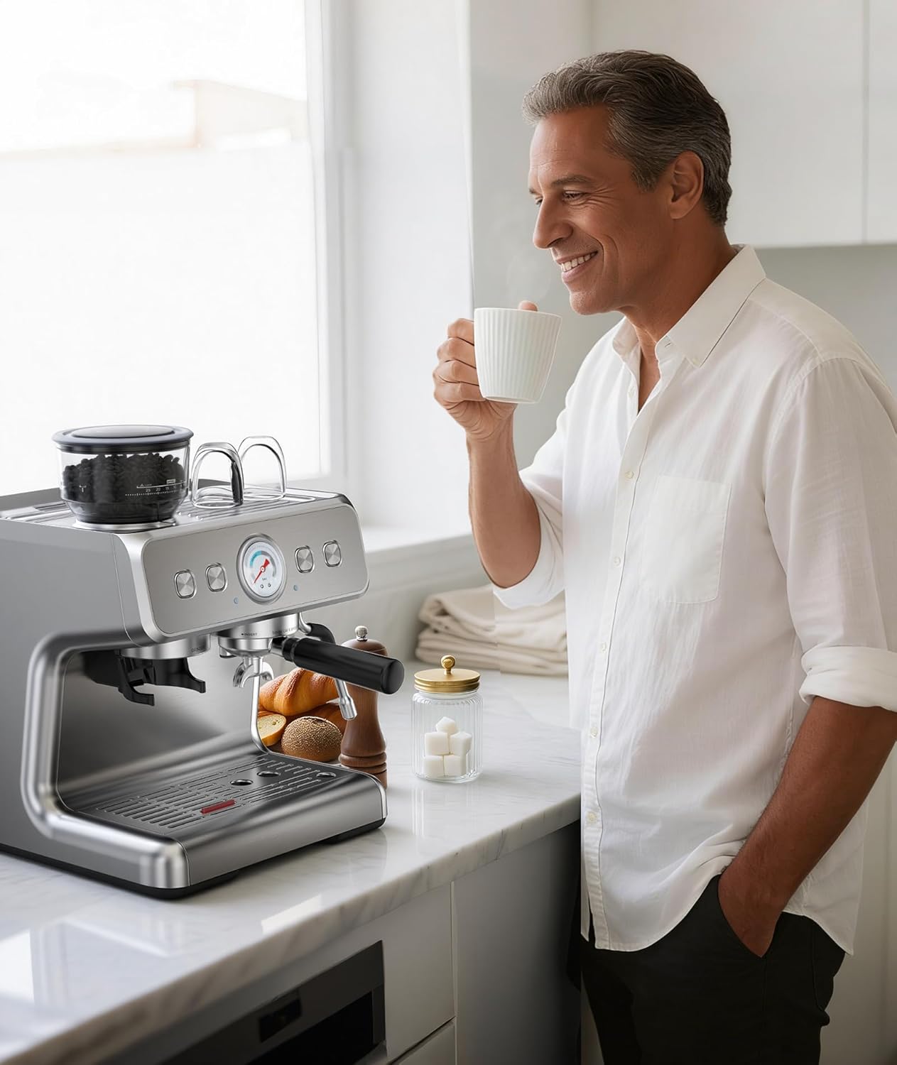 Dual Boiler Espresso Machine with Grinder, 20 Bar Espresso Machines-Use Milk Frother and Brew Coffee Machine Simultaneously, Removable Water Tank, Coffee Maker Cappuccino Latte, 95oz Water Tank