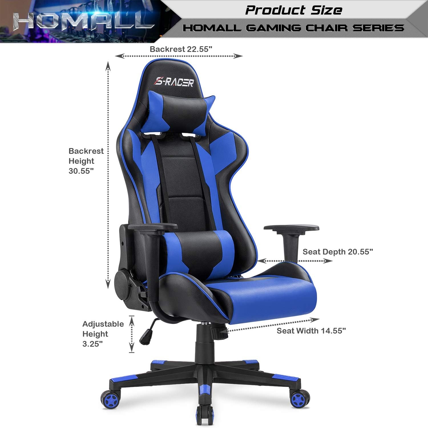 Homall Gaming Chair, Office Chair High Back Computer Chair Leather Desk Chair Racing Executive Ergonomic Adjustable Swivel Task Chair with Headrest and Lumbar Support(Blue)