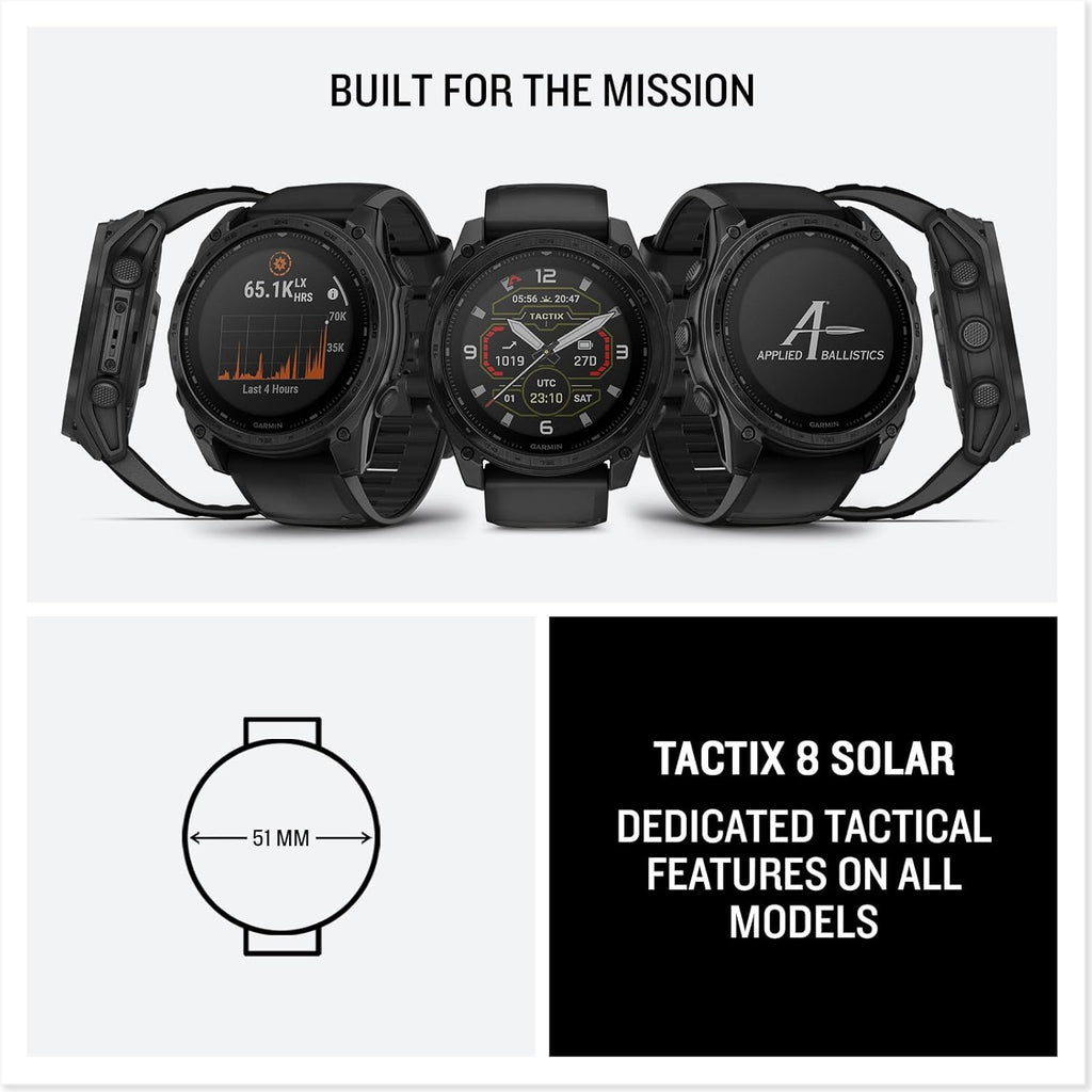 Garmin tactix® 8 51mm  Solar Charged Display  Elite  Premium Tactical GPS Smartwatch  Includes Applied Ballistics Elite™ Solver  Titanium Bezel  Sapphire Lens  40-Meter Dive Rating