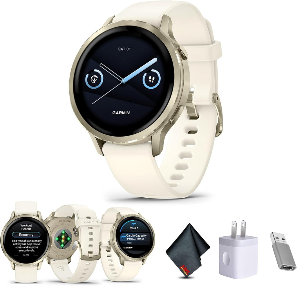Garmin Venu 4  41mm  Advanced Fitness Tracker GPS Smartwatch  1.2" AMOLED Display  Built-in Flashlight  10 Days of Battery Life  Lunar Gold with Bone Silicone Band (Watch Bundle)