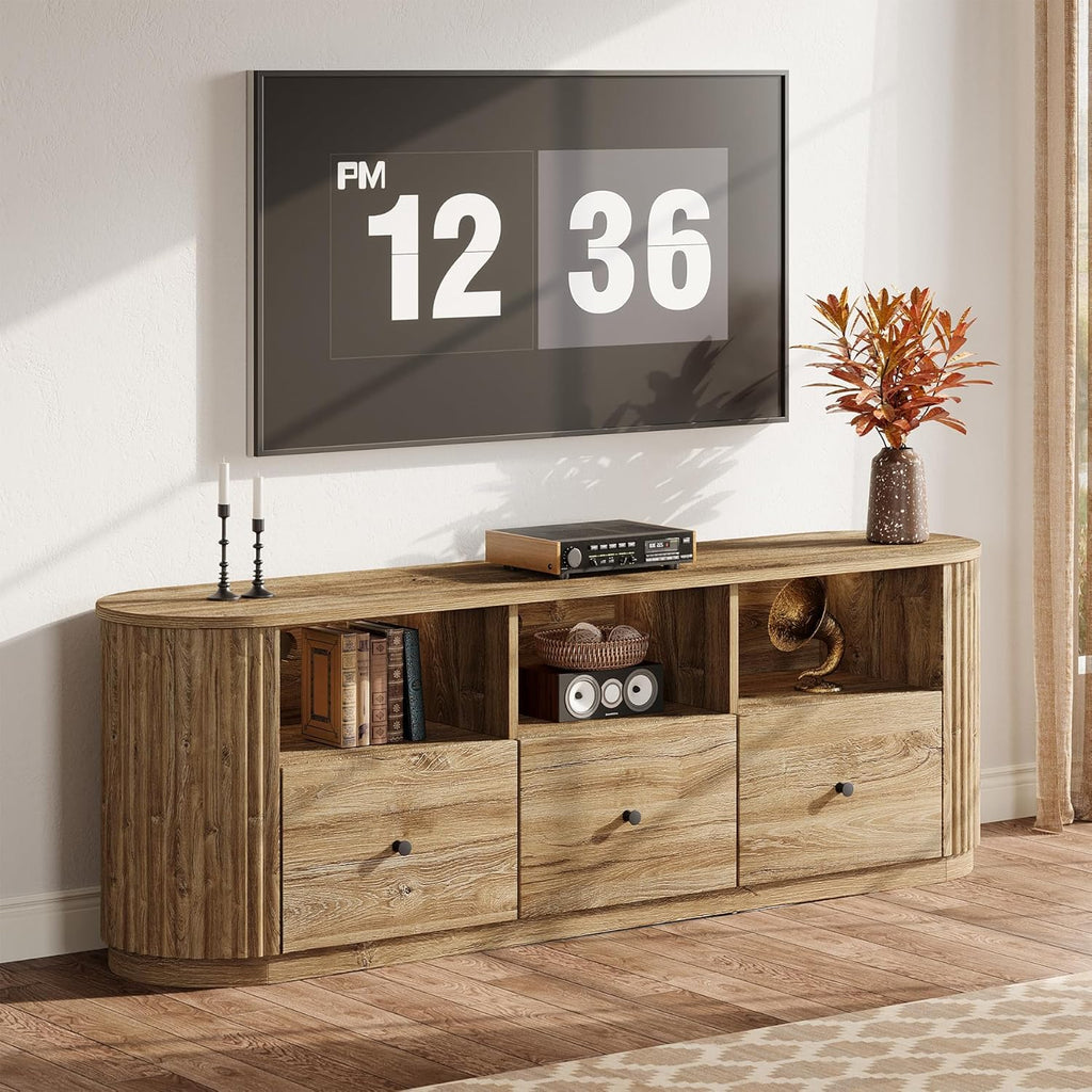 Tribesigns 70.87" TV Stand for TVs up to 80", Modern Curved Media Console with 3 Drawers and Open Storage, Fluted Entertainment Center for Living Room, Brown