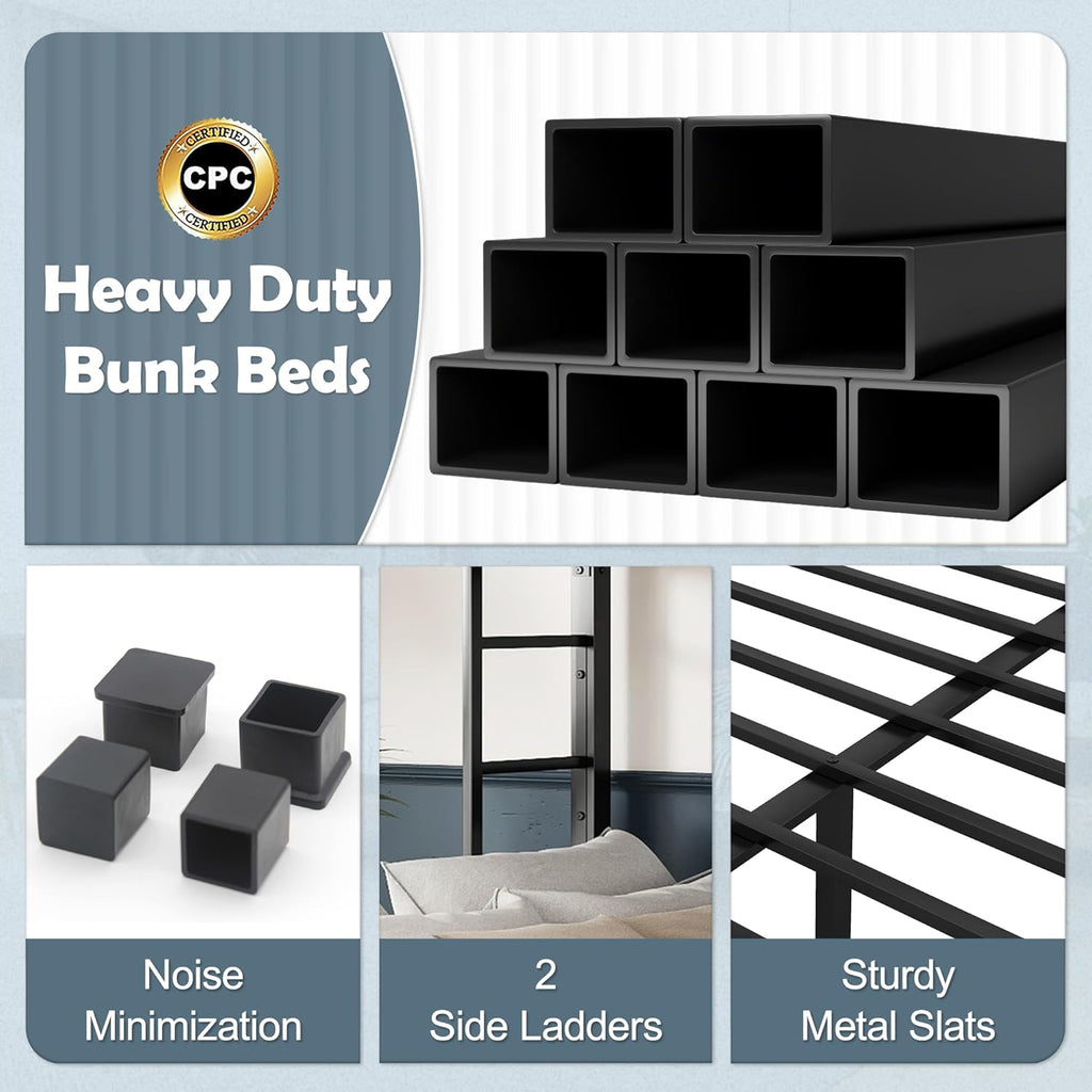 Bellemave Metal Twin XL Over Queen Bunk Bed for Adults/Kids,Heavy Duty Adults Bunk Beds with Guardrail & Ladders,Queen Size Bunk Beds for Teens,Black