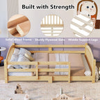 Merax Twin Montessori Floor Bed with Safety Guardrails – Solid Wood Kids Bed with Slats & Fence and Without Door, No Box Spring Needed, Natural
