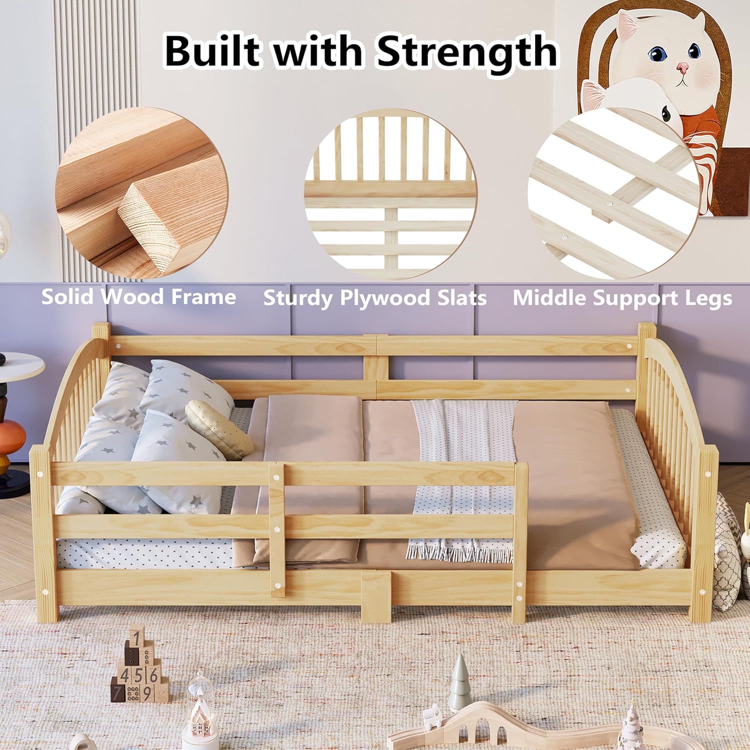 Merax Twin Montessori Floor Bed with Safety Guardrails – Solid Wood Kids Bed with Slats & Fence and Without Door, No Box Spring Needed, Natural