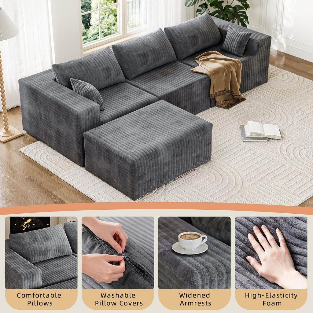 110" Boneless Couches for Living Room Cloud Couch Modular Sectional Sofa with Deep Seat Plush Large Foam Sofa L-Shape Sofa Couch,No Assembly Required, Carbon Gray(Plush Corduroy Fabric)