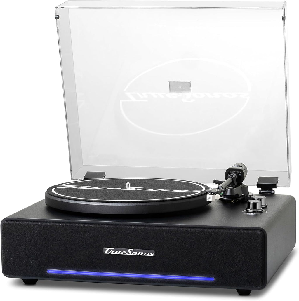 Hi-Fi Record Player with Speakers | Premium Vinyl Turntable with Bluetooth Capability | Built-in 4-Speaker Stereo System for Music Fans  Black Veneer + Black Trim