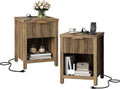 Fluted Nightstands with Charging Station Set of 2, Brooklyn Night Stand with Drawers, Modern Beside Table with Storage End Table for Bedroom Living Room (2, Brown with Charging Station) BNS101DRE-2