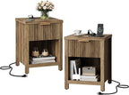 Fluted Nightstands with Charging Station Set of 2, Brooklyn Night Stand with Drawers, Modern Beside Table with Storage End Table for Bedroom Living Room (2, Brown with Charging Station) BNS101DRE-2