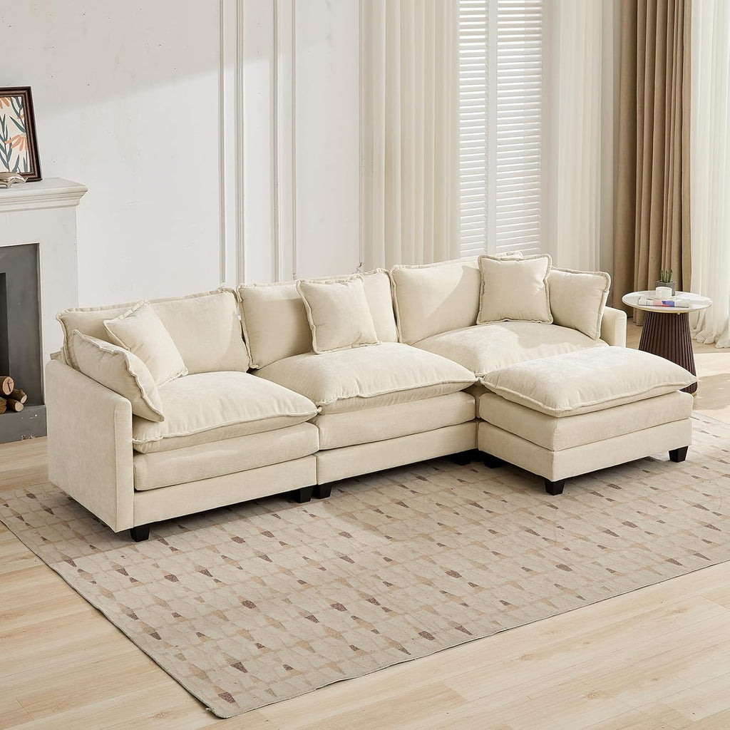 111.5" Beige Modular Sectional Sofa, 3 Seater Large Sectional Couches for Living Room, Ivory Off-White Chenille Fabric Oversized Cloud Couch with Ottoman, Modern Sofas Set, Sofas para Sala, L Shaped