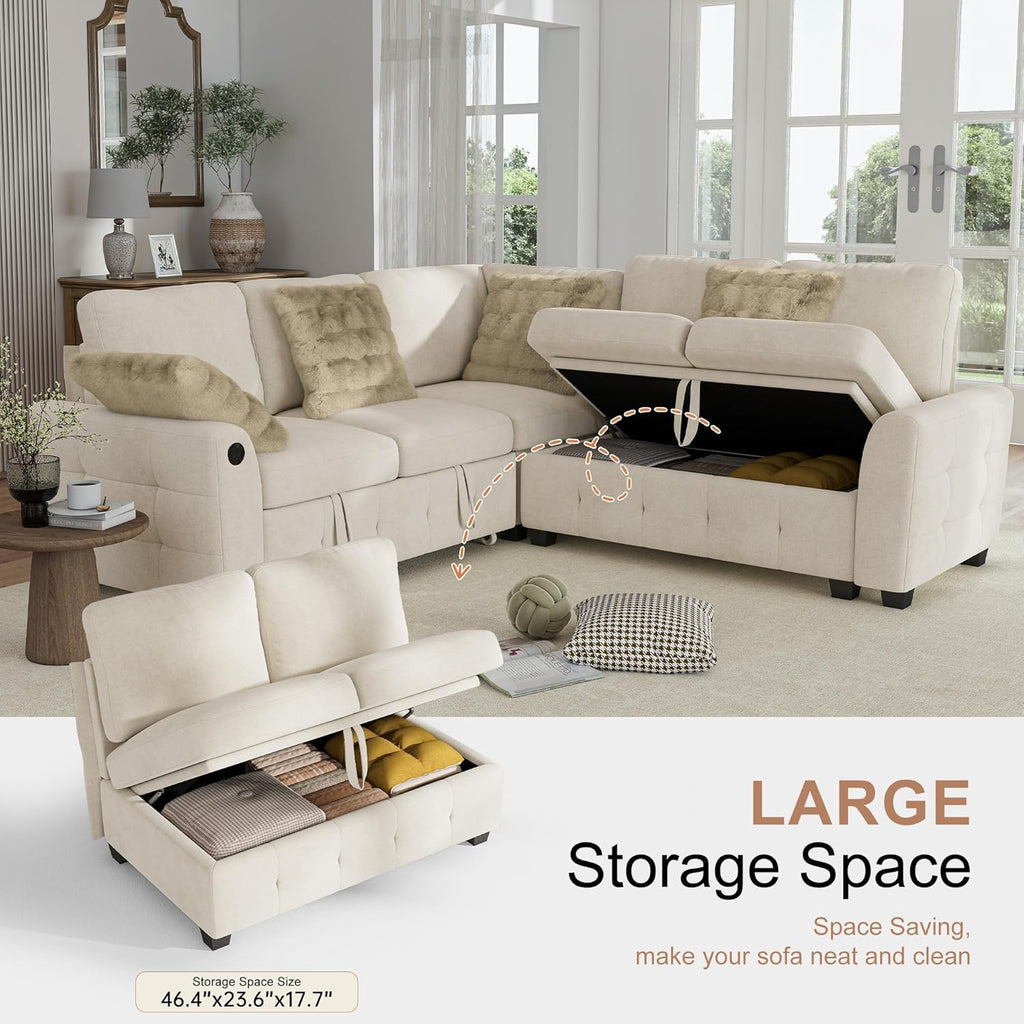 Hanherry Sectional Couch with Pull Out Sofa Bed,Chenille Sleeper Sofa with 2 Seat Storage & USB Charging,Comfy L Shaped Modular Couches for Living Room,Apartment