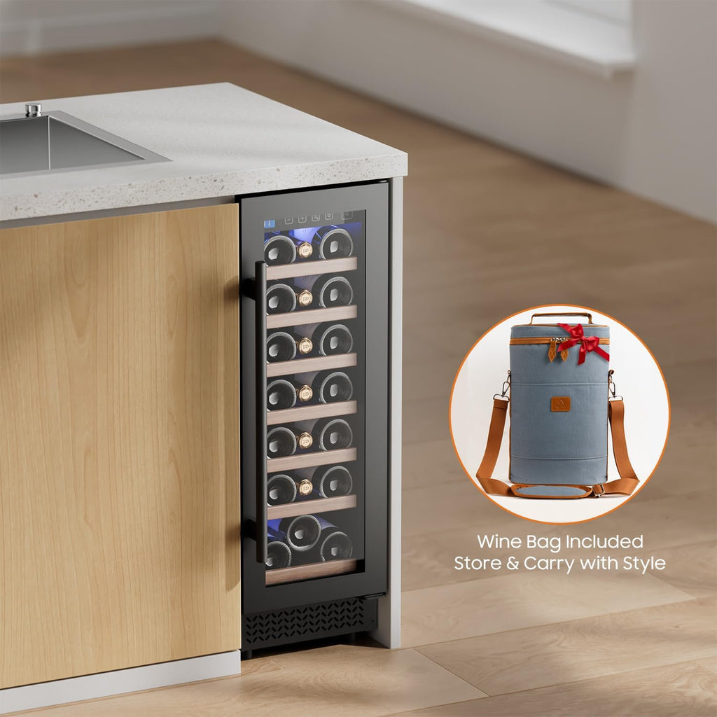 12" Wine Cooler Refrigerator 21 Bottle Wine Fridge Built-in or Freestanding with Double-Layer Tempered Glass Door Compressor quick cooling, Low Noise