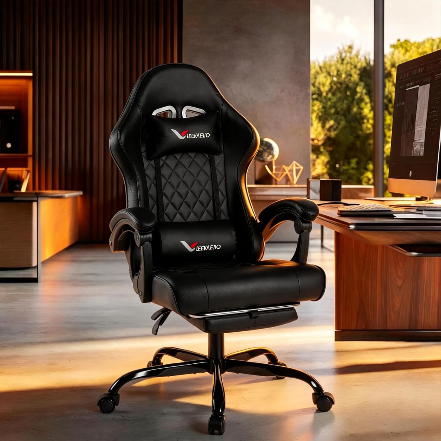 Gaming Chair for Adults, Computer Chair with Footrest and Pocket Spring Cushion,Comfortable Ergonomic Video Game Chair with Lumbar Support and Headrest for Office Home (Black)