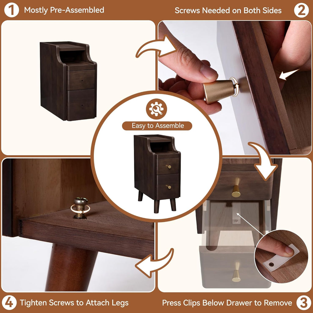 Narrow Nightstand with Drawers Set 2, Pre-Assembled Solid Wood Small Skinny Night Stand with Open Sliding Shelf Slim Bedside Table for Bedroom, Slim Side Table 2, Black Walnut, 8"