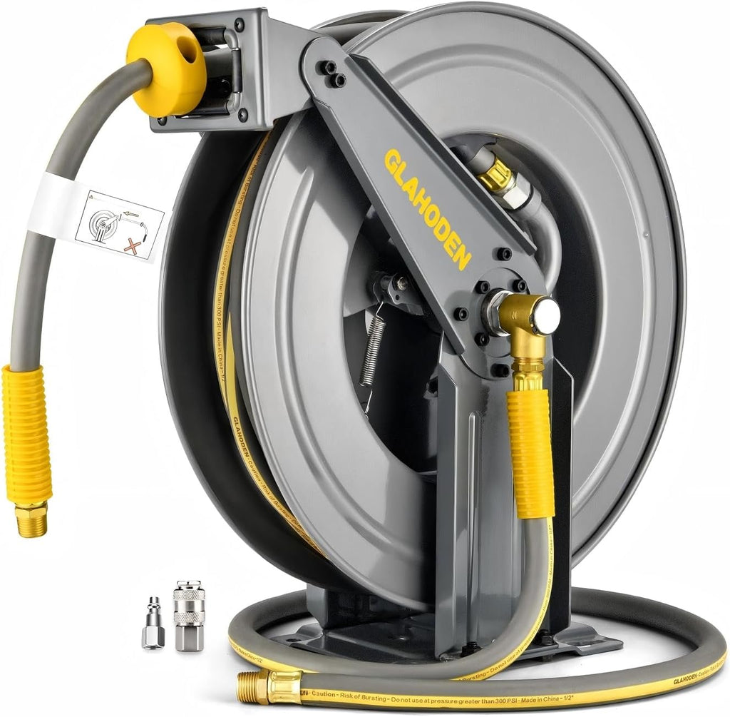 GLAHODEN Double Arm Retractable Air Hose Reel, 3/8 in × 65 ft Hybrid Hose Heavy Duty Steel Professional Air Compressor Hose Reel with 5 ft Lead in Max 300PSI Auto Rewind Quick Coupler Swivel Fitting