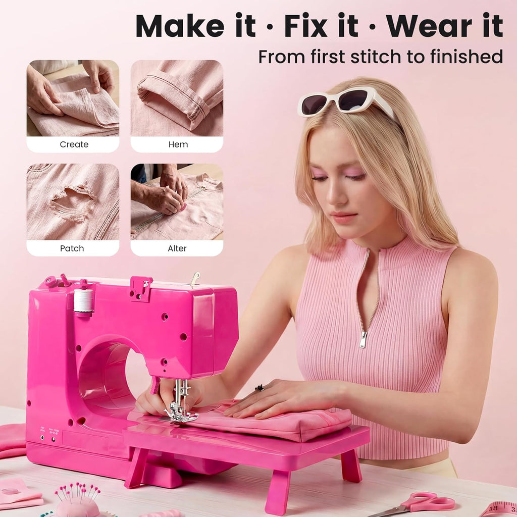Portable Mini Sewing Machine for Beginners, 14 Stitches, Easy Dial Control, LED Light & Extension Table, Compact Lightweight for Home DIY Mending, Ideal Gift for Kids Adults Bright pink