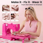Portable Mini Sewing Machine for Beginners, 14 Stitches, Easy Dial Control, LED Light & Extension Table, Compact Lightweight for Home DIY Mending, Ideal Gift for Kids Adults Bright pink