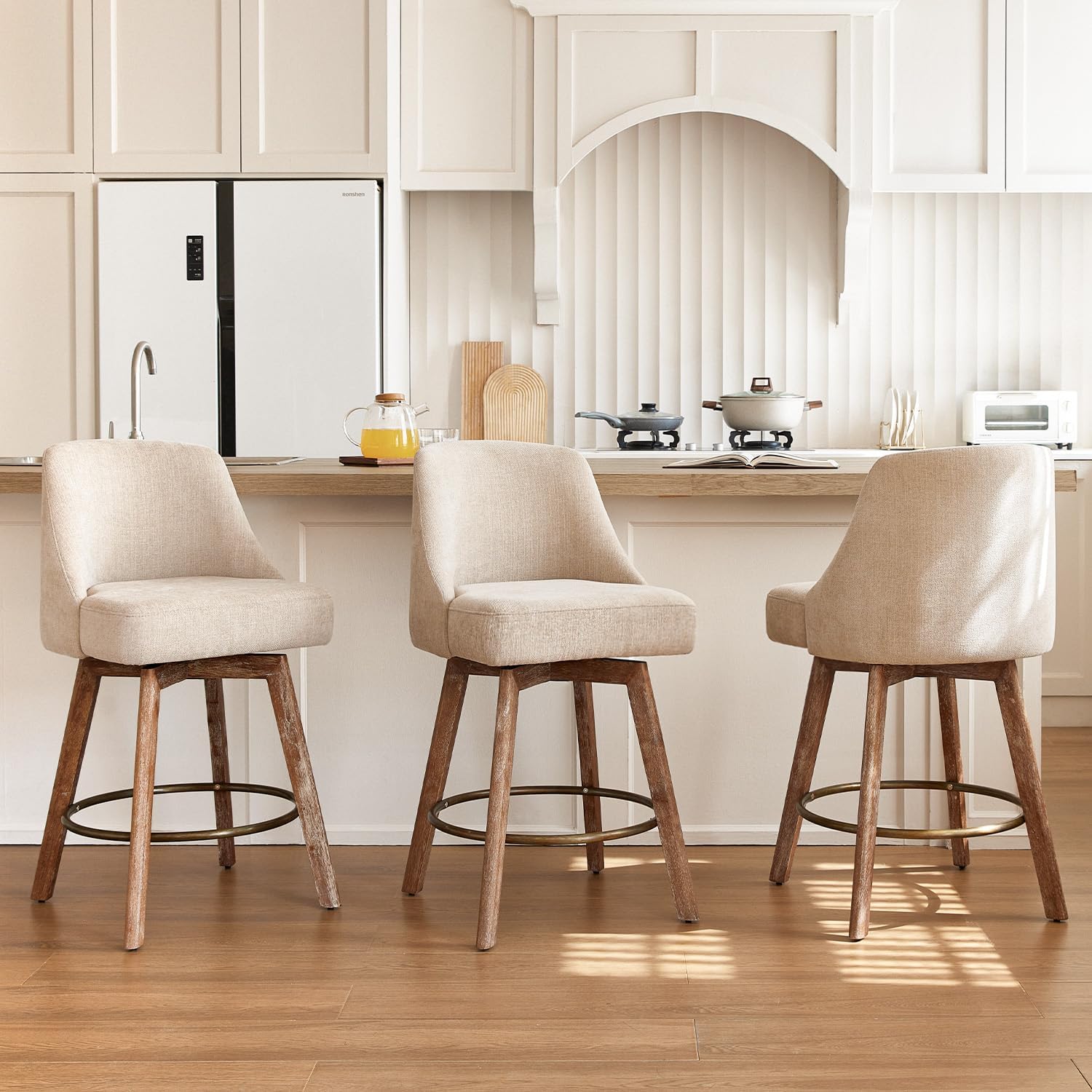Counter Height Bar Stools,Sand-Colored Linen Comfort Fabric Bar Stool Set of 3 .360° Swivel Counter Height Stools Solid Wood Legs,27'' Barstools with Contoured Backrest