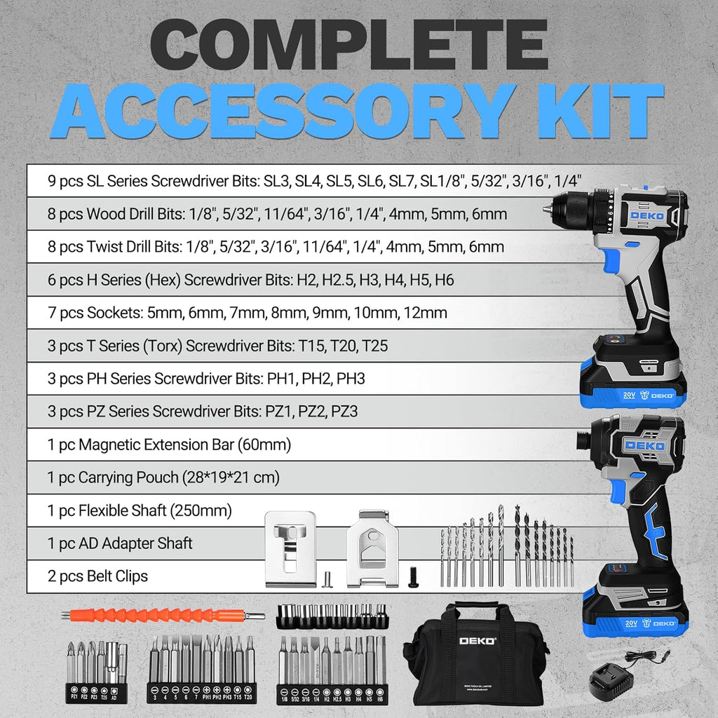 Cordless Drill & Impact Driver: DEKOPRO 20V Brushless Power Drill and 20V Brushless Impact Driver Set, Power Tool Set with 2 x 2.0Ah Batteries, Charger, Bag& 52 x Accessories-Blue