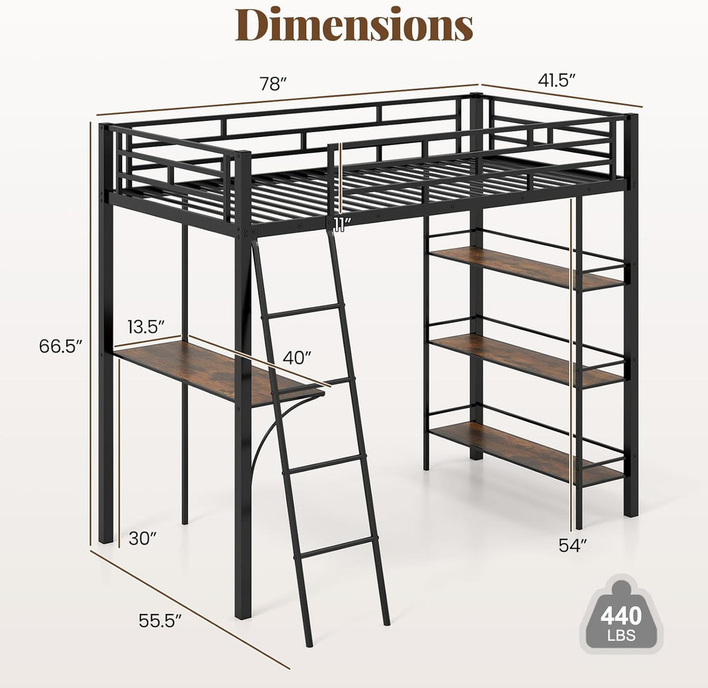 Giantex Twin Size Loft Bed with Desk & Shelves, Metal Bed Frame with Inclined Ladder & Full-Length Guardrails, High Loft Bed for Kids, Teens, Home, Dorm, Apartment, No Box Spring Needed
