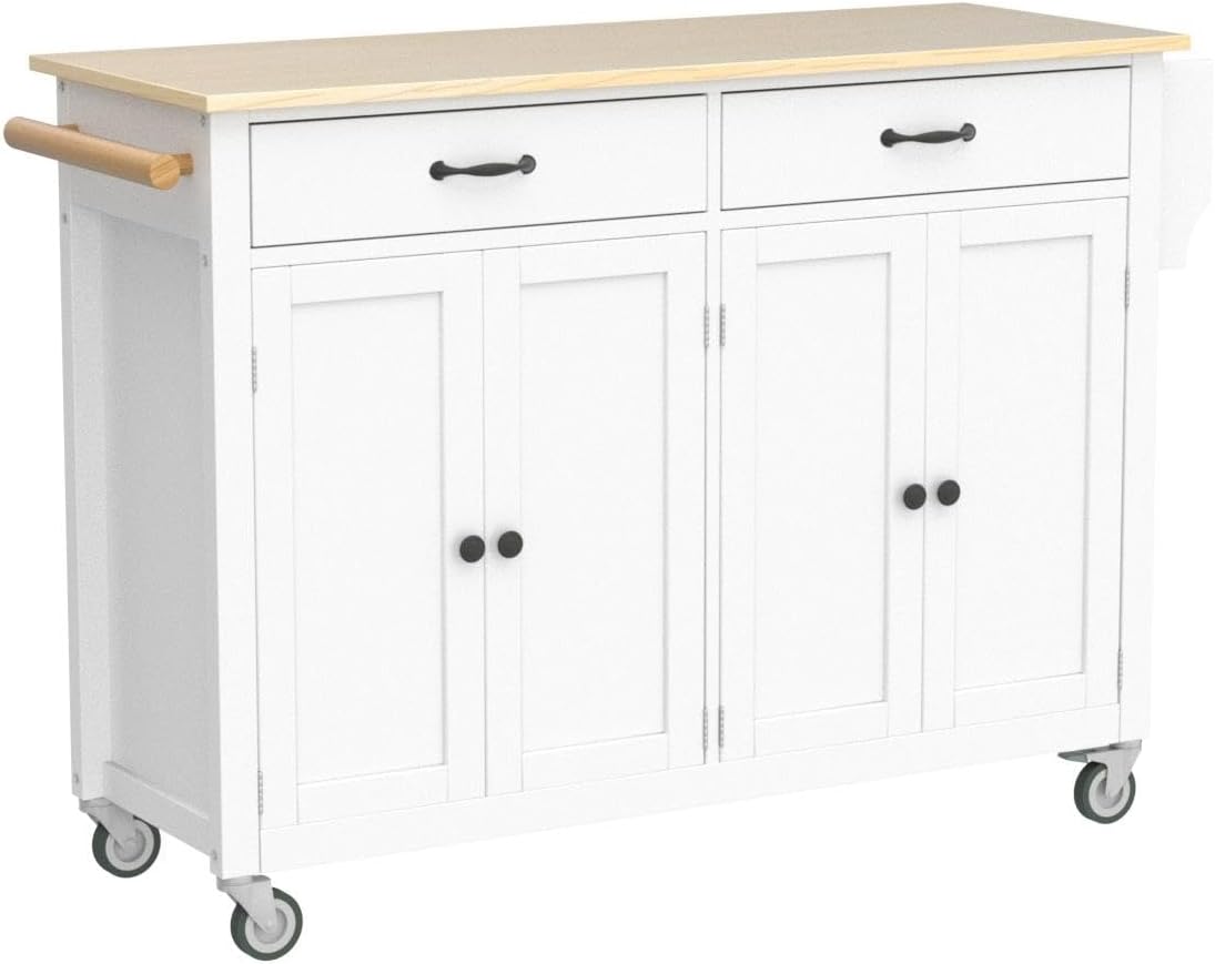 Merax Rolling Mobile Kitchen Island Cart with Wood Top and Locking Wheels, 4 Door Cabinets and 2 Drawers, Spice & Towel Rack, 54.3 Inch Width, White