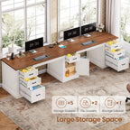 SEDETA Farmhouse 110.3" Two Person Desk with 7 Drawers, Long Computer Desk with Storage Cabinet, 2 Person Desk with Power Outlets for Home Office, White