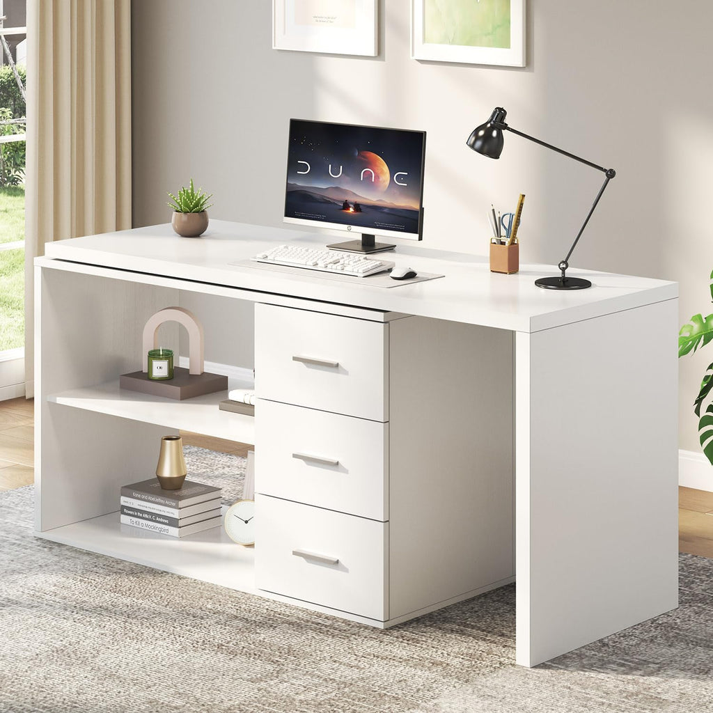 HSH White L Shaped Desk with Drawers Shelves, 360 Rotating Office Computer Desk with Storage Cabinet, Corner Home Office Desk Computer Table .55 Inch