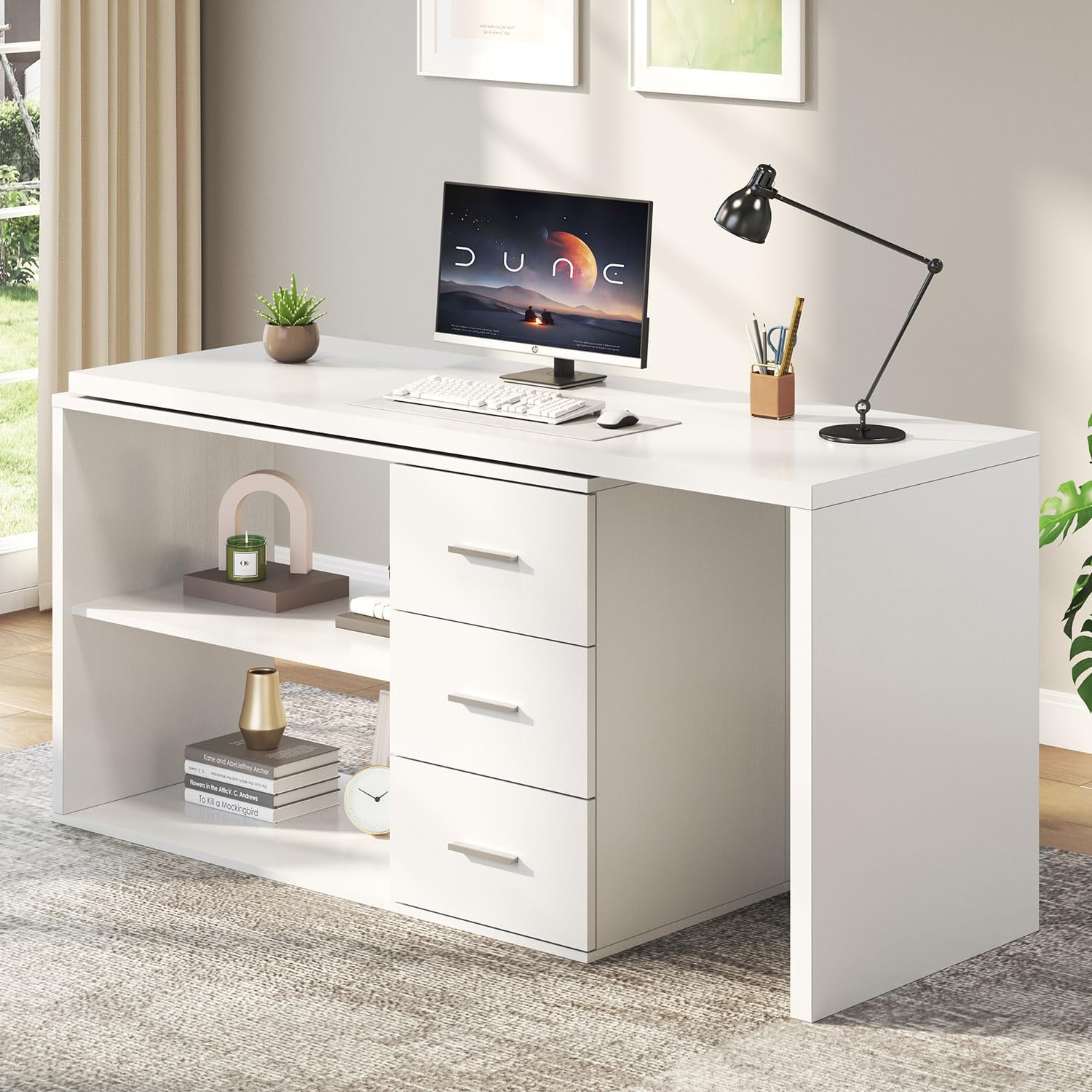 HSH White L Shaped Desk with Drawers Shelves, 360 Rotating Office Computer Desk with Storage Cabinet, Corner Home Office Desk Computer Table .55 Inch