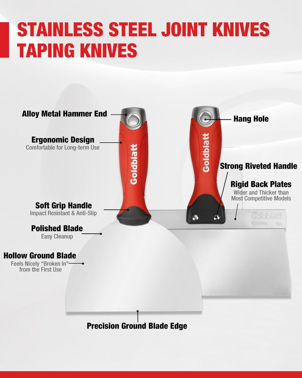 Goldblatt Drywall Hand Tool Kit - 14 in 1, 6 Pieces Stainless Steel Joint Knife, Taping Knives, Paniter Scraper, Mud Pan