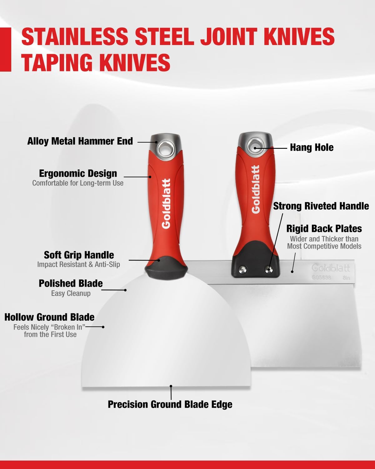 Goldblatt Drywall Hand Tool Kit - 14 in 1, 6 Pieces Stainless Steel Joint Knife, Taping Knives, Paniter Scraper, Mud Pan
